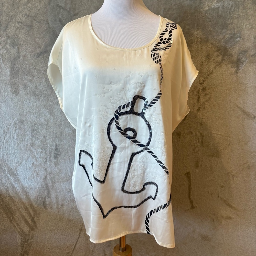 Nautical Sequin Anchor Lightweight Sailing Top Sz M